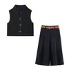 Chal de Color Contrastante Recto para Mujer 2025 Top 8333723 Pantalones Cortos de Cintura Alta Ajustados con Cinturón Plisado 8288723
