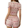 Comércio Exterior Novo Transfronteiriço Europeu e Americano Feminino Roupa de Casa Estampa de Coração Manga Curta Conjunto de Shorts Casual Canelado Conjunto de Pijama