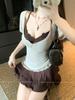 Camiseta de Manga Curta com Decote U e Renda Feminina Verão Roupa Pura Luxúria Vestido Marrom de Alças Saia Curta Conjunto de Duas Peças