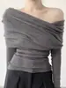 Blusa ombro a ombro de manga longa estilo francês para mulheres, suéter base slim fit para outono e inverno, blusa de tricô