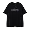 Ropa para Hombre Ins Retro Americano Camiseta Negra de Manga Corta con Hombro Caído, Estampado de Caballo en Racimo y Diseño de Letras, Peso Pesado Holgada Estilo High Street
