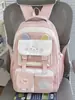 Mochila xadrez color block com bordado de gato de desenho animado, fresca e doce, mochila escolar fofa e leve para meninas do ensino fundamental e médio