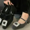 Sapatos Mary Jane Femininos de Lã com Salto Grosso Estilo Francês, Bico Quadrado, Strass, Sapatos de Algodão Versáteis para Moda