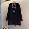 Otoño Invierno Nuevo Estilo Mujer Manga Larga Patchwork Ribete de Encaje Casual Holgado Versátil Prenda Base Superior