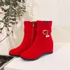 Botas Curtas de Salto Anabela Coreanas Casuais Fivela de Cinto 33 Botas de Salto de Cabelo Fosco 43 Botas Médias Comércio Exterior Moda Feminina Preta