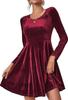 Vestido de Terciopelo de Manga Larga con Cuello Redondo y Bajo Amplio para Mujer, Nuevo para Otoño e Invierno, Exportación Transfronteriza Europea y Americana 2025, Falda hasta la Rodilla