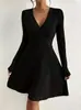Vestido Casual Fashion Feminino Amazon Comércio Exterior Europeu e Americano Costela Manga Longa Decote V Cintura Marcada