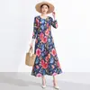 Suministro Exclusivo Transfronterizo Vestido Miyake con Estampado Floral Grande para Mujer Sensación de Alta Gama Cuello Redondo Manga Tres Cuartos Moda Retro Plisado Vestido Largo