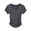 Camiseta de manga corta con cuello en V y diseño de puro deseo para mujer, estilo nicho, versátil, elástica, ajustada, con dobladillo plisado, estilo irregular, para chica sexy, para verano