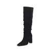 Botas de Gamuza de Caña Alta Botas Adelgazantes para Mujer Otoño/Invierno Nuevo Estilo Coreano Punta Fina Tacón Grueso Botas Fruncidas Botas Altas hasta la Rodilla para Mujer