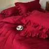 Juego de Boda Romántico Francés de Encaje Cuatro Piezas 100S Algodón de Fibra Larga Jacquard Rojo Funda Nórdica de Boda Sábana Cama