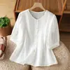 Foto Real de Camisa Lisa de Color Nuevo Estilo Vintage de Verano 2026 para Mujer, Adecuada para Tallas Pequeñas y Altas, Blusa Casual de Manga Corta