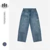 Calça Jeans Reknat Retro de Algodão Bambu Lavado Azul Gelo Masculina Solta de Perna Reta Jeans com Pintura Salpicada Pl2278
