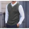 Novo colete de malha masculino sem mangas com decote V para outono e inverno, suéter quente, colete de lã liso