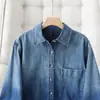 Camisa de Mezclilla de Algodón Puro Lavada con Degradado de Diseño Moderno para Mujer, Chaqueta Camisa Casual Elegante para Primavera y Otoño H031901