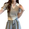Camiseta de Verano para Mujer con Cuello Polo, Rayas, Tejido de Seda Helada, Manga Corta, Delgada, Moldeadora, Versátil, Cuello en V, Hombro, Top Sencillo
