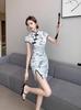 2025 Novo Estilo Chinês Elemento de Tinta Menina Chinês Diário Qipao Saia Fenda na Cintura Vestido Curto Estilo Chinês
