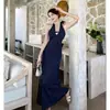 Vestido Largo Floral de Encaje Francés con Cuello Halter Diseño Ceñidor de Cintura Veraniego Vestido Largo de Vacaciones Nuevo Azul