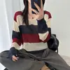 Suéter de punto stylish de estilo coreano con bloques de color y cuello en V para mujer, de principios de otoño, a rayas, holgado, de manga larga, juvenil, casual, pullover