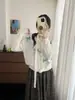 Cardigan de Tricô Xadrez Doce com Laço Novo para Primavera e Outono Feminino, Suéter Curto com Renda e Babados