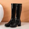 2026 Novas Botas Femininas de Cano Alto de Salto Médio Comércio Exterior AliExpress Transfronteiriço Couro Patente Lolita Tamanho Grande 40-48 Botas
