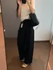 Calça retrô versátil de cintura alta e perna larga com caimento estruturado, cós elástico atrás e bolsos grandes para um visual casual de trabalho que afina a silhueta H090910