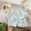Conjunto de pijama de verano de gasa de doble capa para niñas, con un dulce cuello ribeteado de encaje, mangas cortas y shorts; un conjunto de pijama de algodón puro para bebés, que consta de dos piezas