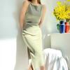 Vestido Blanco Retro Francés Fuera del Hombro Ajustado Cintura Ajustada Plisado Abertura Lateral Sexy Falda Slip para Mujer