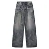 Jeans Azules Lavados Vintage Estilo Americano para Hombre, Pierna Recta Holgada, Largo Hasta el Suelo, Pantalones Cool Cleanfit
