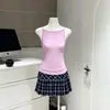Top de Tirantes Finos Rosa-morado/Blanco Roto Estilo Momo Nuo Nuo para Recoger los Costados Estilo Coreano Ajustado Ceñido Versátil