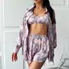 2026 Novo Estilo Camisola Estampada de Seda Sintética, Shorts de Alça, Conjunto de Três Peças, Pijama Macio e Fresco, Roupa de Casa Europeia e Americana para Mulheres