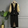 Traje de Moda Adelgazante de Alta Gama para Tallas Grandes para Mujer, Camisa de Cuello Redondo con Mangas de Linterna, Conjunto Versátil de Chaleco y Pantalones de Tres Piezas