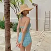 Traje de Baño Sexy Cuadros Retro Dulce Femenino de Cuello Halter Bikini de Tubo Simple Traje de Baño de una Pieza