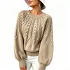 Suéter para Mujer 2025 para Otoño e Invierno, Tacto de Alta Gama, Cuello Redondo, Tejido de Trenza, Mangas de Linterna Sueltas, Top Estilo Vintage Perezoso