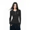 Camiseta de Manga Larga Negra de Dos Piezas Falsas Hombro Normal para Mujer Primavera Otoño Invierno Corte Ajustado Ceñido Capa Interior Capa Base Top con Media Cremallera Cuello en V