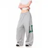 Calça de Moletom Estilo Esportivo Retro Americano de Alta Qualidade com Estampa de Letras na Lateral, Estilo Casual Preguiçoso, Bainha Desfiada, Cintura Elástica e Design Longo até o Chão