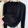 Tecido de veludo Andy, cardigã de tricô estilo japonês e coreano de qualidade para exportação com bordado de botão em formato de coração, adequado para mulheres, primavera e outono, blusa casual e versátil
