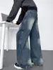 Calça jeans americana com estampa splash ink e perna curva, coleção de outono masculina, calça de perna larga lavada e solta da moda, calça casual reta para homens