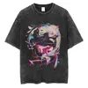 Streetwear Japonês Masculino Vintage Lavado Preto Camiseta Anime P