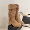 Botas de Caballero Vintage Estilo Páramo con Borlas Otoño 2026, Botas Largas Hasta la Rodilla con Tacón Grueso, Botas Adelgazantes de Cintura Alta para Mujer