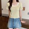 Camiseta de Manga Corta a Rayas Patchwork Versátil Estilo Puro Deseo Nuevo Estilo Verano 2026 para Mujeres Petites Ajuste Delgado Top Corto