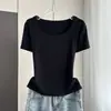 Camisa de Manga Corta con Cuello Cuadrado para Mujer 2025 Nuevo Verano Ajustada Talla Grande Estilo Básico Top para el Hombro Derecho