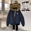 Outono/Inverno 2026 Novo Casaco de Algodão Elegante Casual Versátil com Capuz Quente Emagrecedor Estilo Coreano com Gola Grande de Pele para Figuras Petite