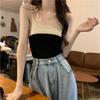 Camisola de Punto Estilo Coreano Vintage con Puntadas de Color Contrastante para Mujer, Verano, Ajuste Ceñido, Adelgazante, Corta, para Llevar por Dentro o por Fuera