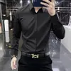Camisa de manga larga de alta gama francesa, no planchar, antiarrugas, caída suave, para hombre, corte slim, elástica, color liso, camisa casual para otoño