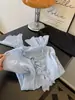 Nueva Moda Azul Estilo Francés Cuello en V Pétalo Manga Larga Camisa para Mujer 2026, Elegante y Adelgazante Versátil Top 11066