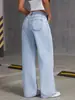 Europeo y Americano Transfronterizo 2025 Nuevo Jeans Sueltos Azul Claro Lavado Pierna Ancha Pantalones Color Puro Jeans de Mujer