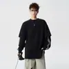 Estilo casual de duas peças, nova camiseta da moda plus size de manga longa para homens, retalhos pretos, caimento solto, listras estilo americano para o outono