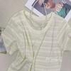 Camiseta de Hombro de Punto de Seda de Hielo Rayada de Manga Corta para Mujer 2024 Verano Guangzhou Holgada Adelgazante Cuello Redondo