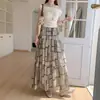 Saia Midi Longa Vintage Xadrez Estampada para Mulheres, Verão Cintura Alta Emagrecedora Fluida Chiffon Camadas